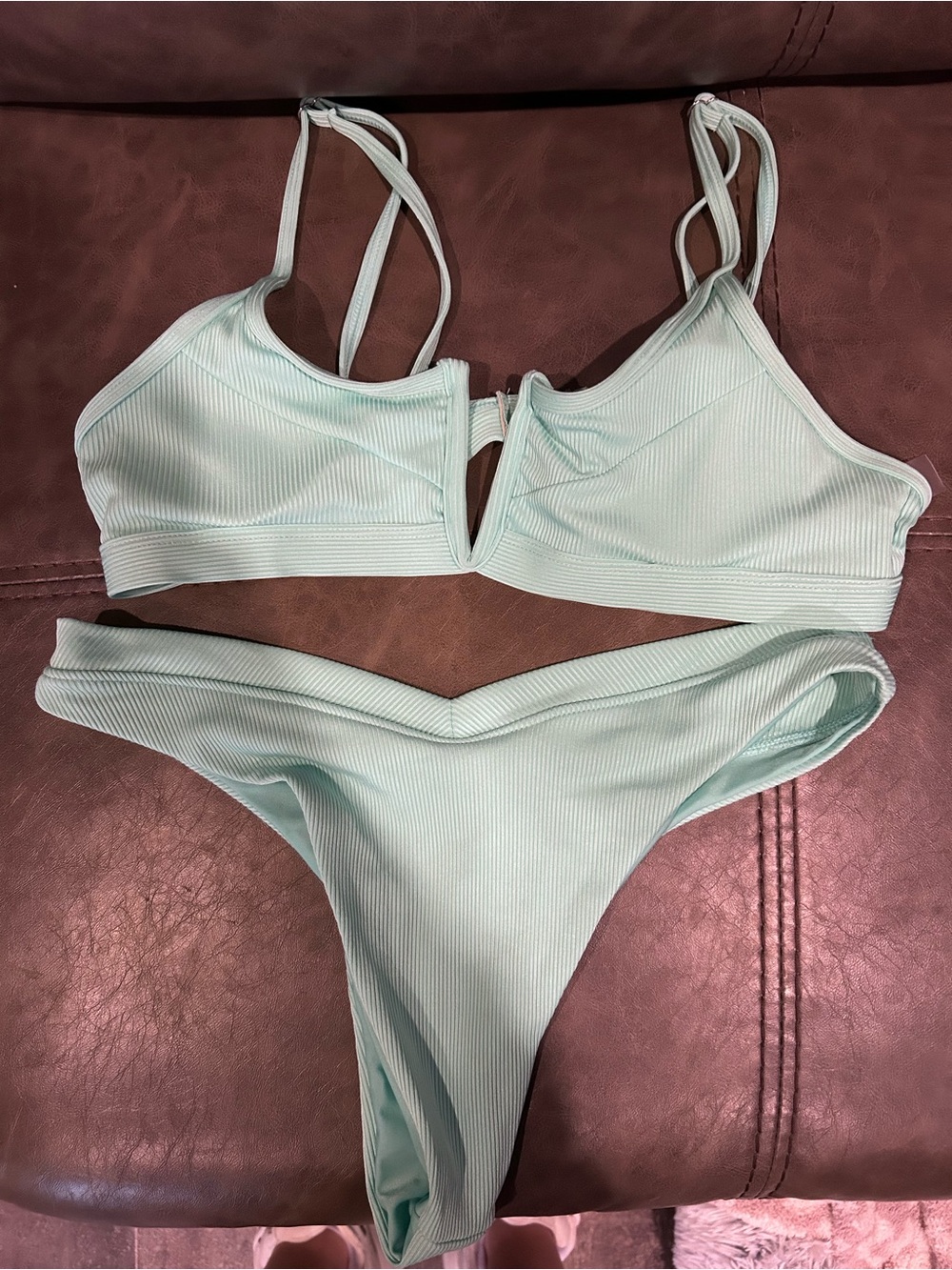 SHEIN Mint Ribbed V-Cut Two-Piece Bikini